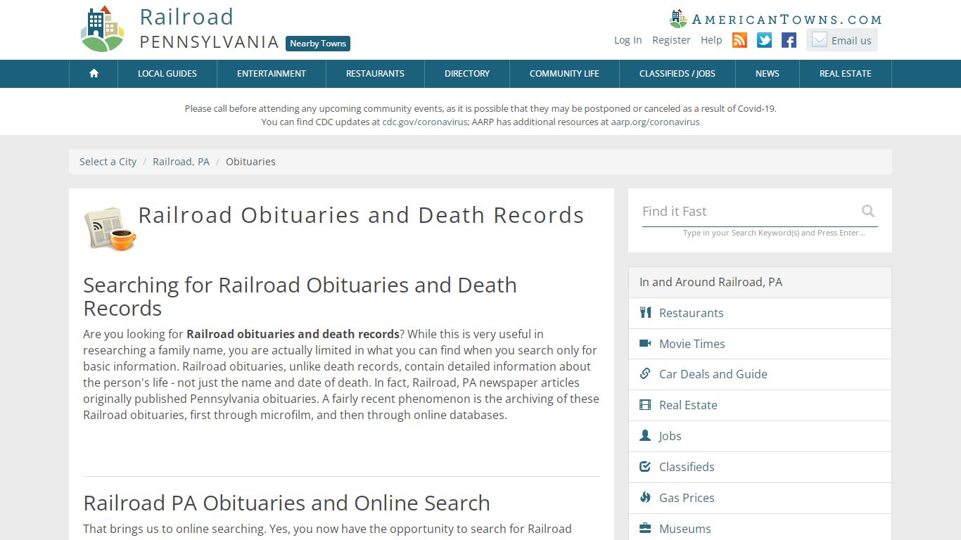 Obituaries Railroad PA - Railroad Death Records